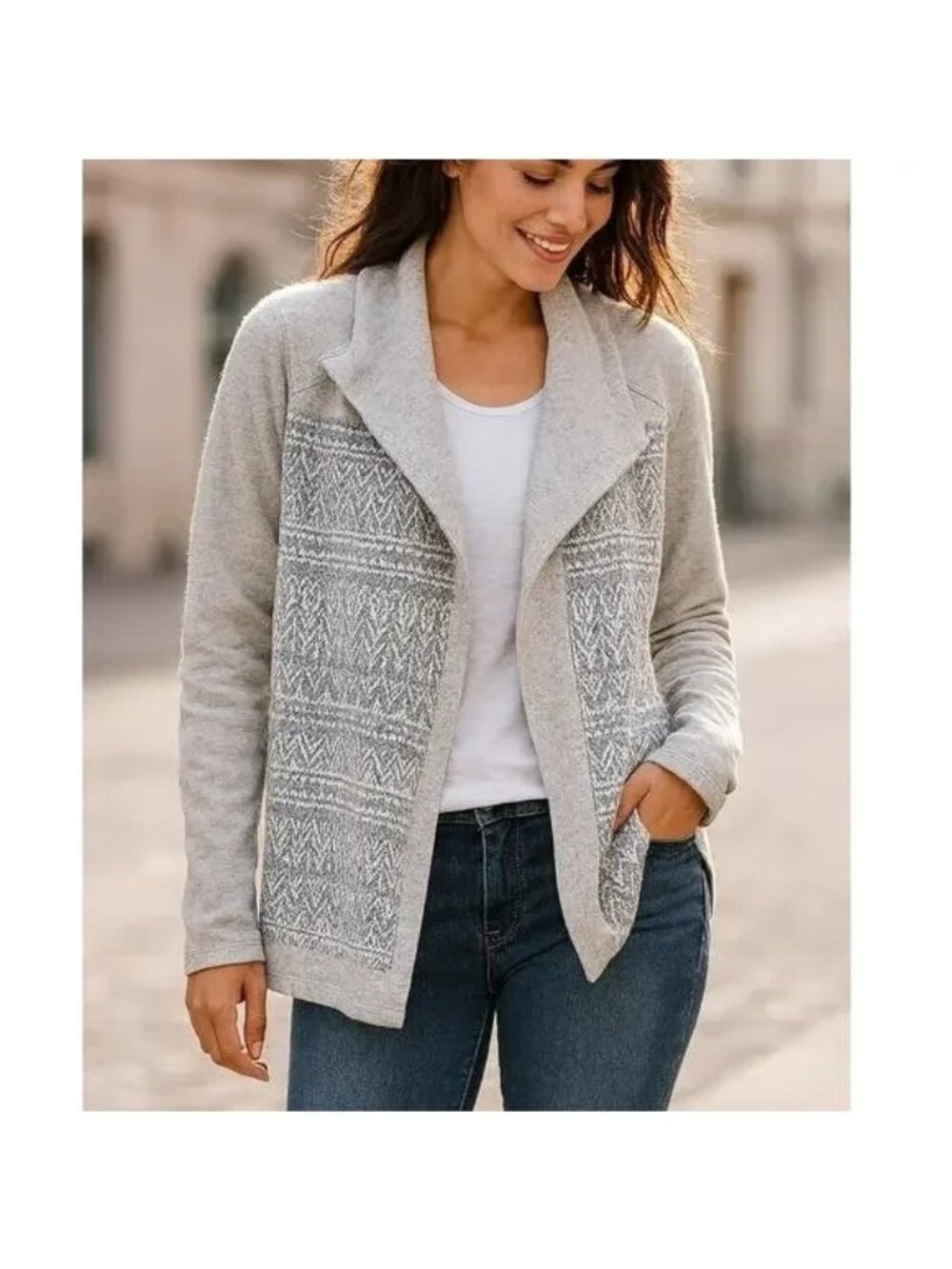 L.L. Bean Beige Fair Isle Hooded Open Front Cardigan Sweater Cozy Women's M